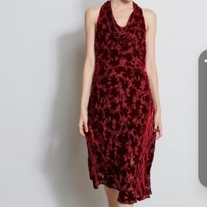 Red crushed velvet halter dress